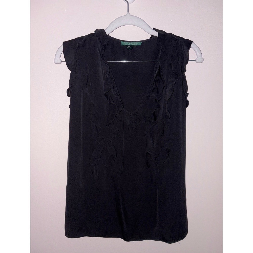Lauren Ralph Lauren Silk Blouse Womens 10 Black Ruffle V-Neck Sleeveless